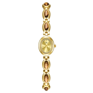 Elegant gold tiger eye stone link watch for women with an oval quartz dial