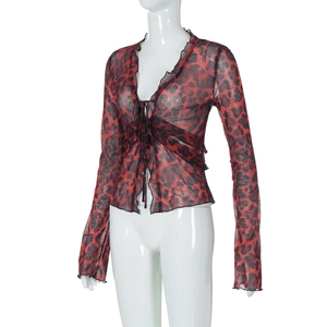 Detailed view of red leopard print mesh cardigan with front tie closure design