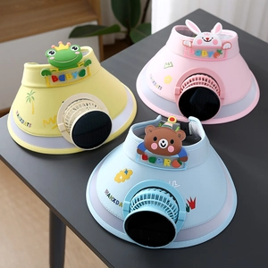 Three children's solar fan hats in yellow, pink, and blue with cartoon animal motifs