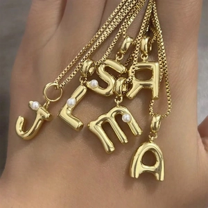 18K Gold Plated Brass Puffy 3D Bubble Initial Pendant Necklace With Artificial Pearl Accent Ball Chain Trendy Jewelry For Women