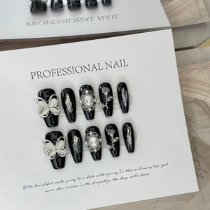 Handmade press-on nails with 3D silver butterflies and vintage rose on black glossy finish