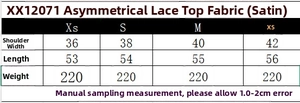 Size guide table for asymmetric lace top showing measurements for XS S M and L in centimeters