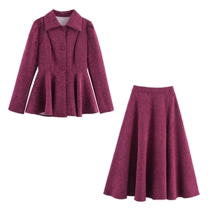 Women Elegant Tweed Peplum Top And A-Line Midi Skirt Outfit Retro British Style Long Sleeve Textured Wine Red