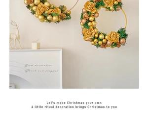 Moon-shaped Christmas wreath detail with golden roses and green pine needles on wall
