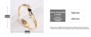 Size guide for black-plated steel bracelet with rhinestones, showing 58mm x 49mm inner diameter