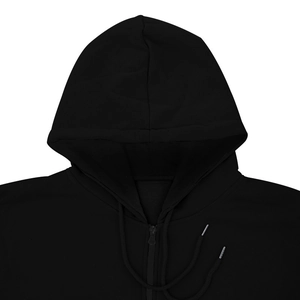 Detail of black fleece hoodie showing zip-up neckline and metal-tipped drawstring design