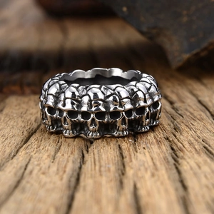 Gothic hip hop skull ring in antique silver stainless steel with 3D relief design