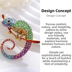 Macro detail of enamel chameleon brooch with colorful rhinestones on a golden branch