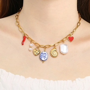 Stainless Steel Gold Plated Multi Charm Necklace Women Heart Butterfly Sunflower Artificial Pearl Shell Chili Enamel Ceramic Pendants