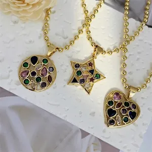 18K gold plated beaded chain necklace set with heart star and round zircon pendants
