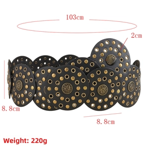 Western style retro belt with black leather circles and bronze embossed floral rivets