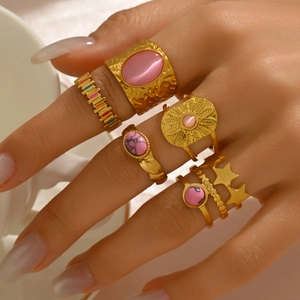 French vintage 18K gold-plated stainless steel ring set with natural pink stones