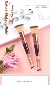 Dual-ended foundation brush with purple handle and rose gold ferrule on pink background