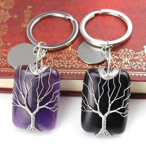 Handmade Tree of Life square crystal keychains in purple and black natural stones