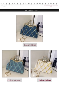 Size comparison guide with cm ruler and colorful shell bag variants in blue green and white