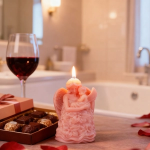 Pink angel and baby candle featuring detailed floral carvings for home decoration