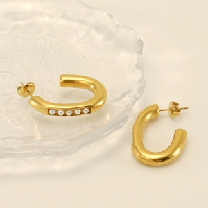 Elegant 18K gold plated stainless steel C-shape earrings set with five white pearls