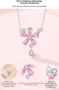 Detail of S925 silver necklace featuring pink cubic zirconia cherry blossom pendants