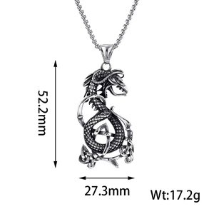 Retro viking style stainless steel dragon pendant necklace with antique silver finish