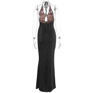 Detail of cross tie backless design on black glitter halter neck evening dress