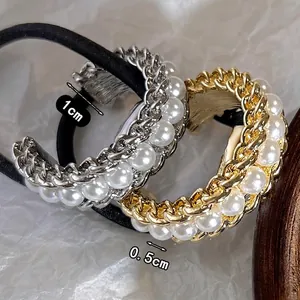 U-shaped alloy chain and pearl hair ties set in gold and silver finish with elastic band