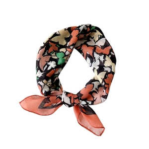 Floral butterfly print cotton linen scarf for women in coral orange and dark green