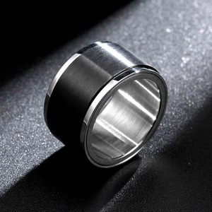 Detailed view of 8mm wide two-tone 316L stainless steel spinner ring with brushed black finish