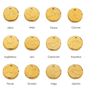 Zodiac Constellation Charms 14K Gold Plated Stainless Steel Round Plate Pendants For DIY Jewelry Necklace Making