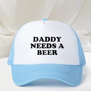 Adjustable light blue mesh trucker hat with DADDY NEEDS A BEER print design