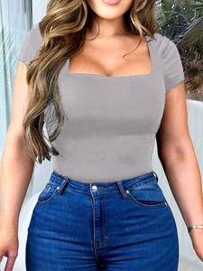Detail view of the square neckline and soft gray fabric of this slim-fit women's t-shirt