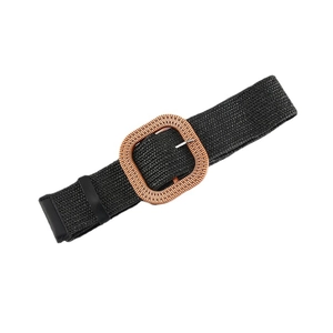 Bohemian style black woven belt for women with vintage square wood-like buckle