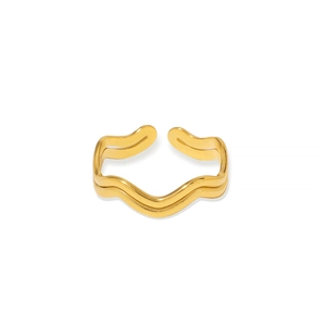 Minimalist double layer wavy open ring in gold finish with an adjustable geometric design