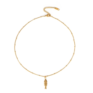 Detail of gold fish pendant on pearl bead chain made of high quality stainless steel