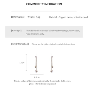Detailed product specs of long tassel earrings with cubic zirconia and imitation pearls