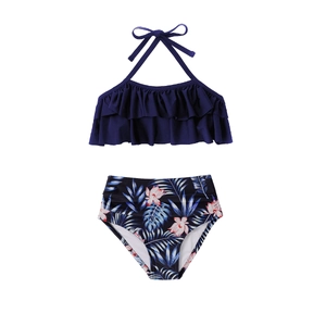 Maillot de bain deux pièces fille bleu marine à volants et bas taille haute à fleurs