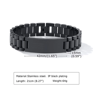 Men's black stainless steel strap bracelet with blank rectangular ID tag for engraving