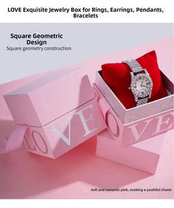 Écrin à bijoux rose avec texte LOVE argenté et coussin en velours rouge pour montres