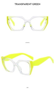 Detailsicht der transparenten TR90-Brille mit neongrünen Bügeln für Damen