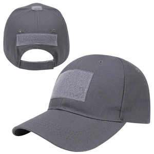 Detail of dark grey ripstop tactical cap with multiple hook-and-loop patch areas