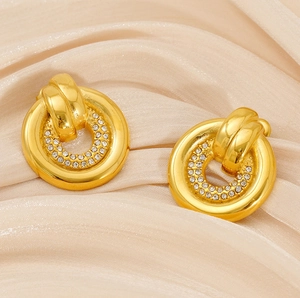 Detailed macro view of vintage gold round earrings with sparkling micro-inlaid crystals