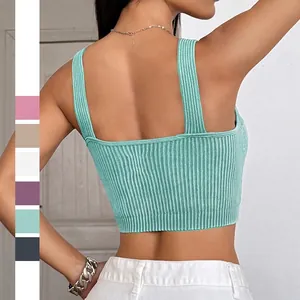 Women Ribbed Knit Camisole Tank Top Padded Crop Top Polyamide Elastane Slim Fit Y2K Sporty Sexy Streetwear