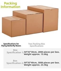 Detailed packaging specifications and shipping box dimensions for flying butterfly toys