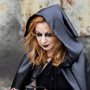 Hooded black satin cloak for Halloween costumes and gothic party cosplay wear