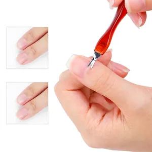 Nail cuticle trimmer with amber plastic handle and V-shaped stainless steel metal tip