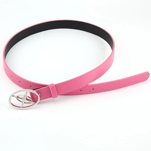 Women slim bright pink faux leather belt with silver starburst buckle and metal eyelets