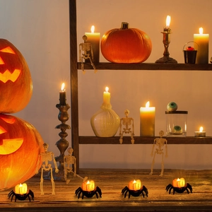 Halloween decorative black spider LED candle with pumpkin and skull festive ornaments