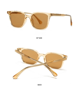 Detailed views of champagne square sunglasses showing the 45-degree side and back profile