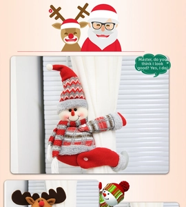 Detail of Christmas snowman and elk curtain tiebacks featuring plush knit fabrics