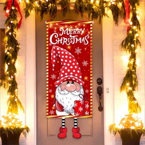 Festive Christmas gnome door hanging flag with Merry Christmas text on a white wood door