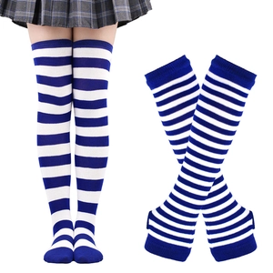 Detail showing blue and white striped over-knee high socks and matching arm warmers set